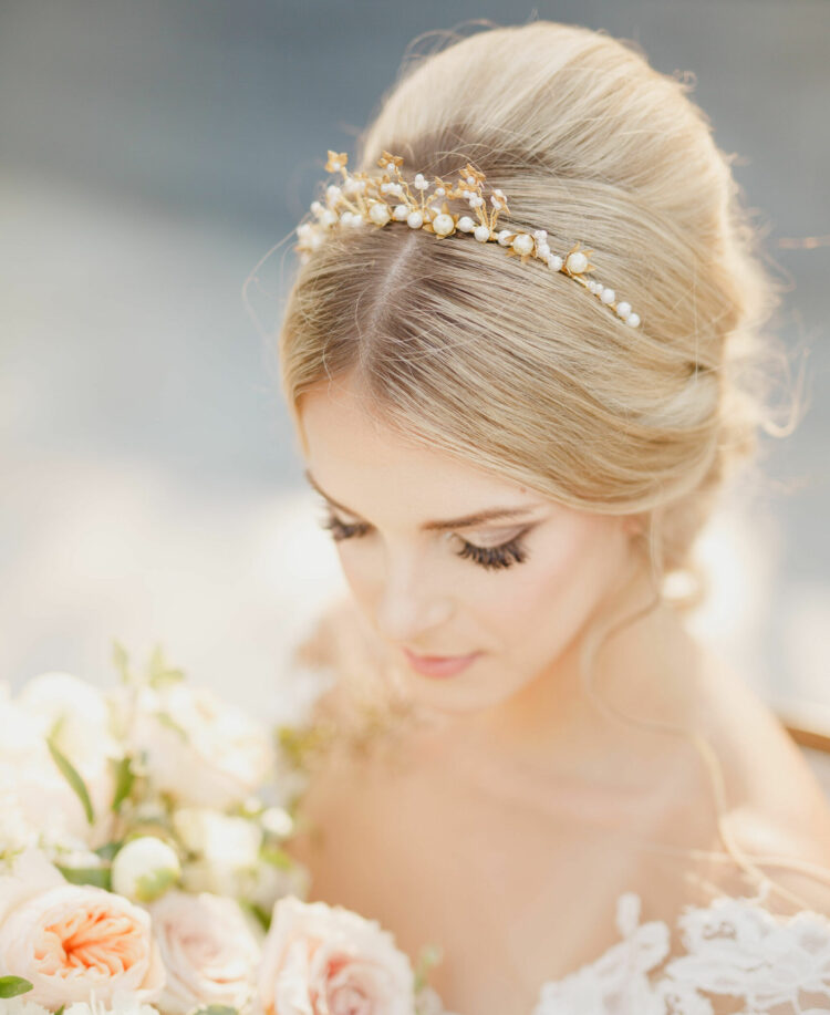 Metal Flower Headband with Pearls crown tiara in gold