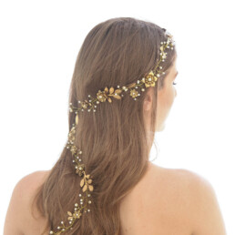 Long Gold Hair Vine of Metal Flowers and Leaves, gold wedding hair vine, metal headpiece of gold leaves and metal flowers