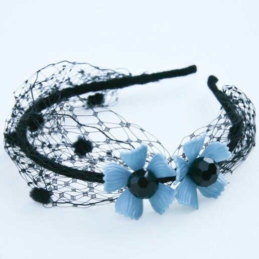 Black Net Headband with vintage blue flowers mid century hair accessory vintage hair accessory headband with netting for women