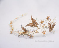 Gold Butterfly Hair Vine with Flowers and Pearls, Rustic Beaded Woodland Wedding Hair accessories
