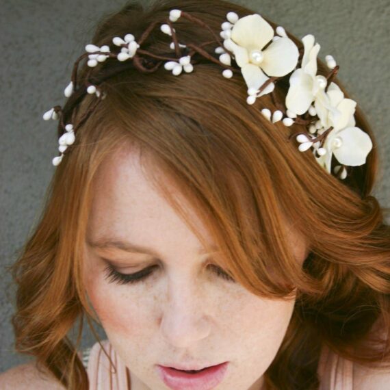 woodland flower crown wedding headpiece rustic wedding headband ivory flower headpiece