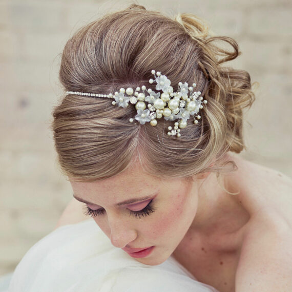 Silver Rhinestone Tiara of Flowers and Pearls.