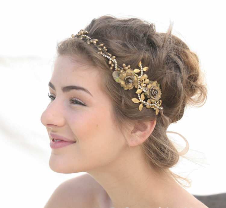 Rustic Gold Leaf Wedding Flower Crown With Metal Leaves and Rhinestones