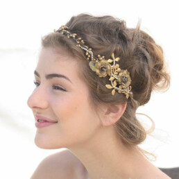 Rustic Gold Leaf Wedding Flower Crown With Metal Leaves and Rhinestones