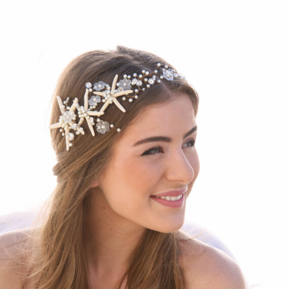 Beach Wedding Starfish and Pearl Wired Hair Vine, Nautical Wedding Headpiece