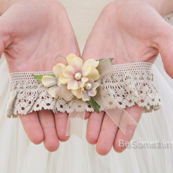 dark ivory lace and flowers wedding garter, bridal garter gifts for the bride lace garter