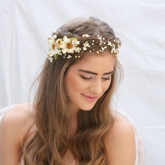 Rustic Floral Hair Vine of Ivory Daisies and Pearls rustic flower crown, daisy and pearl wedding halo wreath bridal headpiece