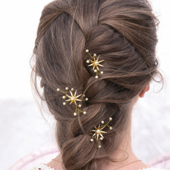celestial wedding hair pin set in gold star flower bobby pin set