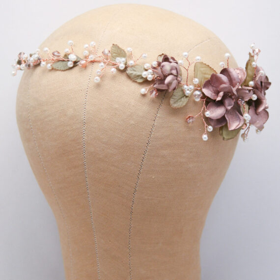 Rose Gold Hair Vine beaded wedding headpiece of flowers and pearls