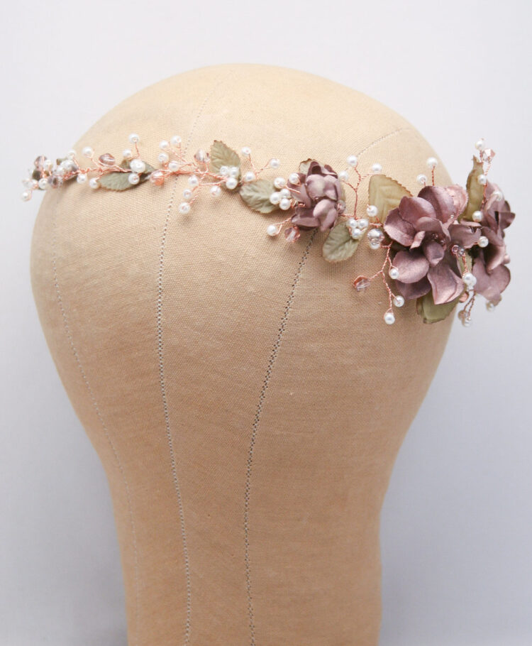Rose Gold Hair Vine beaded wedding headpiece of flowers and pearls
