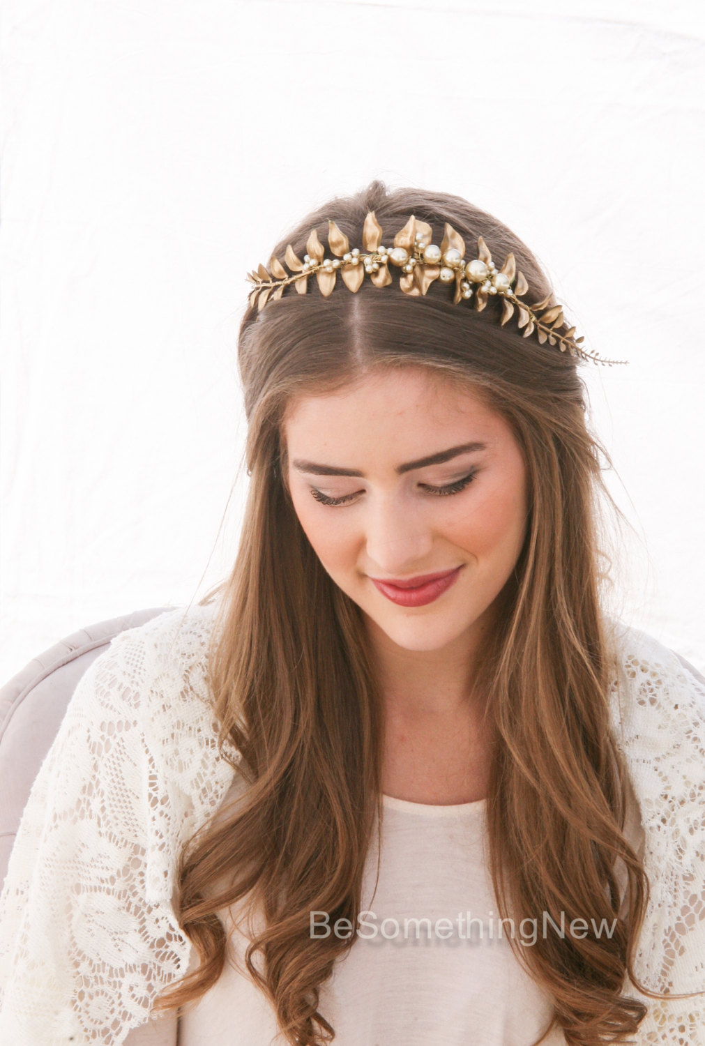 Golden Leaf and Champagne Pearl Headband Woodland Wedding 