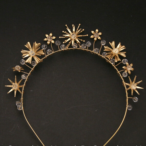 Gold Celestial Large Wedding Crown, Gold Celestial Wedding Crown Crystals and Stars, Metal Star Headband