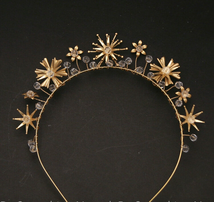 Gold Celestial Large Wedding Crown, Gold Celestial Wedding Crown Crystals and Stars, Metal Star Headband