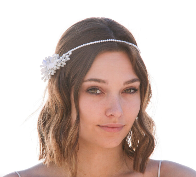 Pearl Headpiece with Vintage Wax Flower Pips and Velvet Flowers, White Flower Crown Pearl Halo with flowers at the side for your wedding day