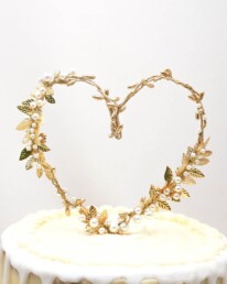 gold heart metal leave wedding cake topper, boho wedding decor leaves and pearl cake top
