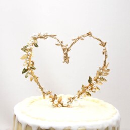 gold heart metal leave wedding cake topper, boho wedding decor leaves and pearl cake top