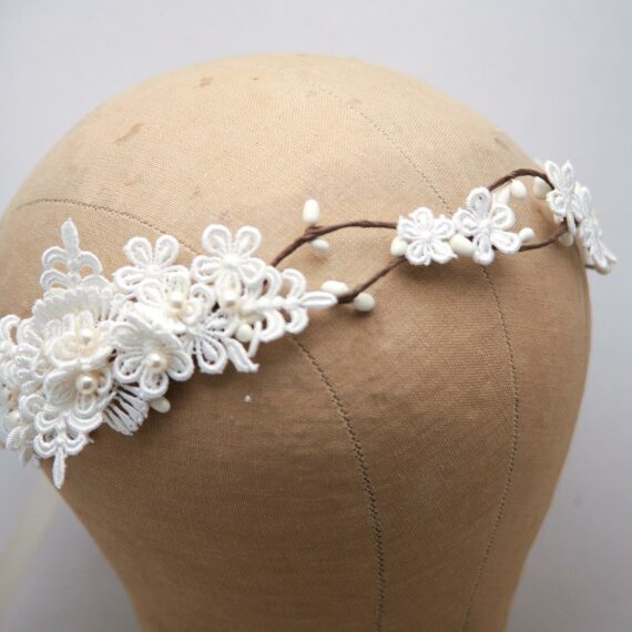 boho wedding headpiece vintage lace flower crown with pearls