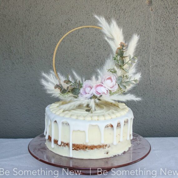 pampas grass wedding Cake Toper in ivory and blush pink eucalyptus floral take topper