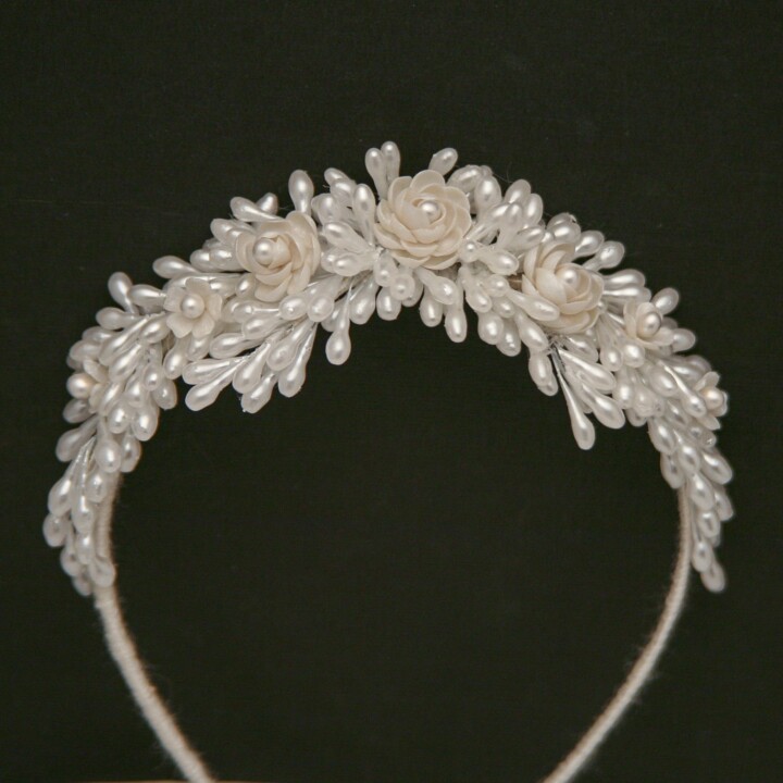 Wide Vintage Wax Headband with Flowers, Vintage Wax Wedding Headband with Flowers, Pearlized Flower Crown Bridal Headpeice