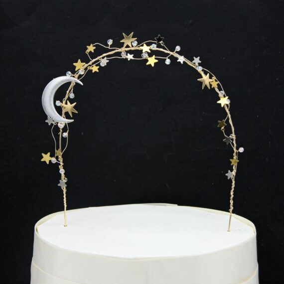 Gold and Silver Wedding Cake Toper Arch of Metal Stars and Silver Celestial Moon Wedding Decor