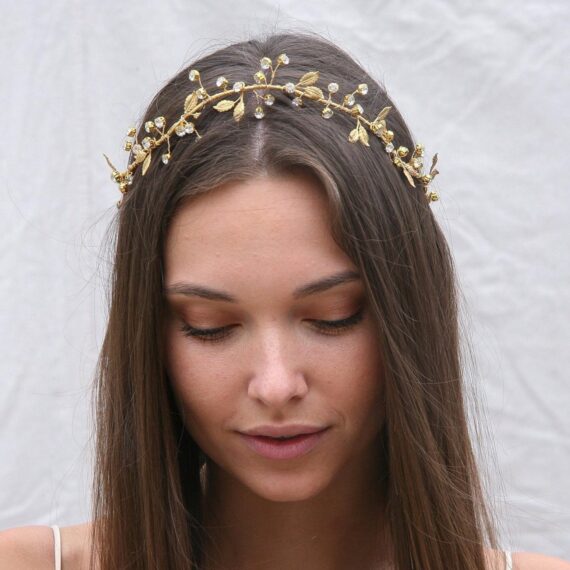 Gold Tiara of Leaves and Rhinestonesgold leaf tiara, wedding headband, rhinestones and leaves