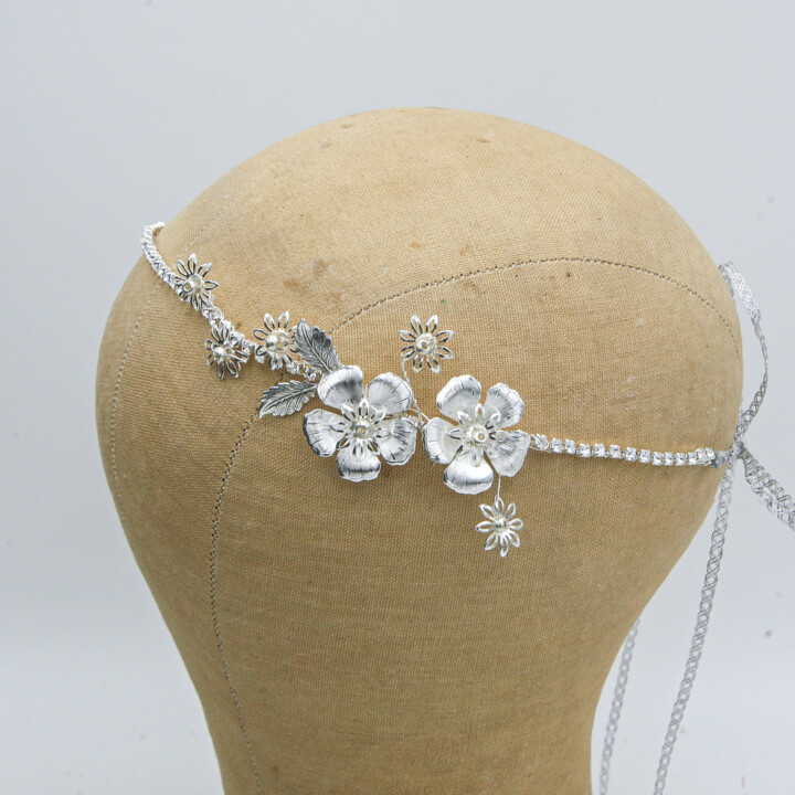 silver flower and rhinestone tie headband, wedding headband rhinestone bridal headpiece