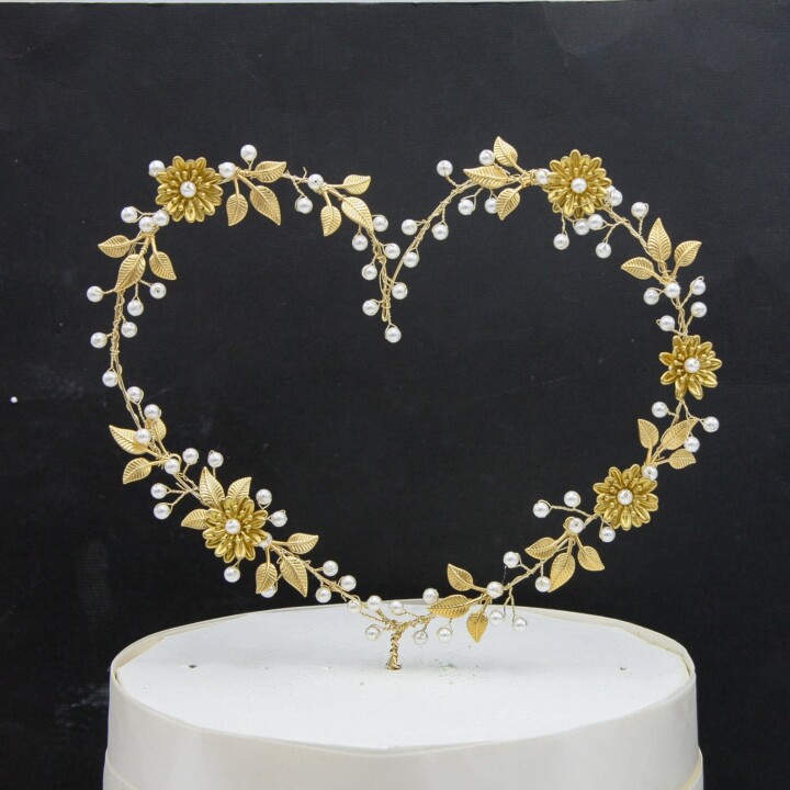 heart cake topper gold wedding cake topper with metal flowers and leaves
