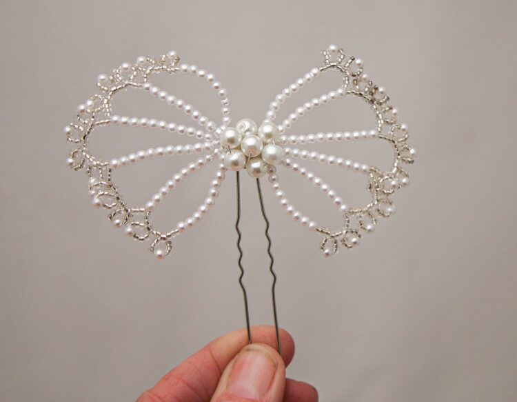 Pearl and Crystal Vintage Bow Hair Pin, bow made from wired glass Pearls and crystals in the shape of a bow