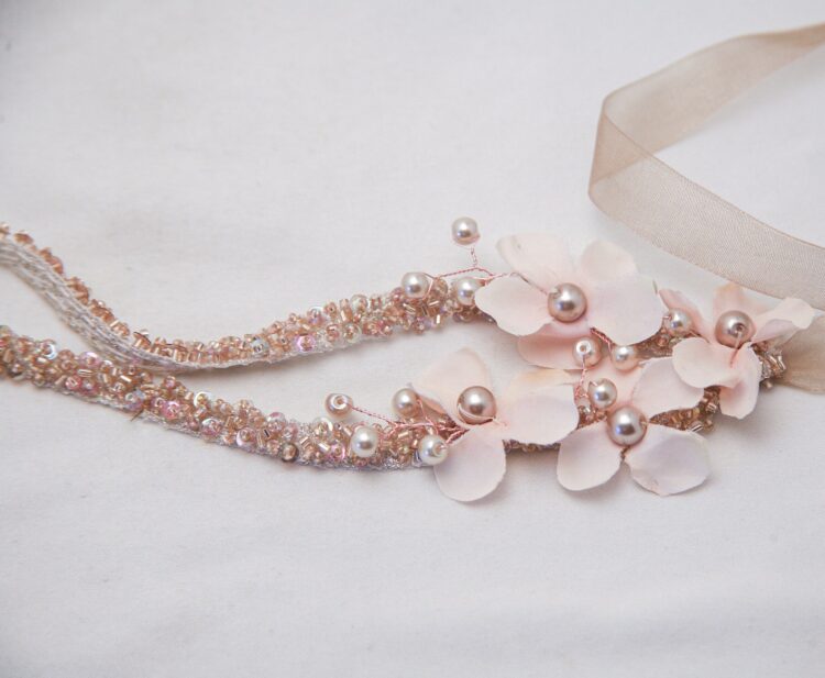 Blush Rose Gold Beaded Bridal Headpiece with Flowers and Pearls - Image 4