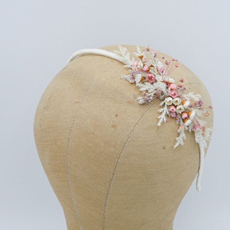 Pink and Ivory Dried Flower Headband with Babies Breath - Image 2