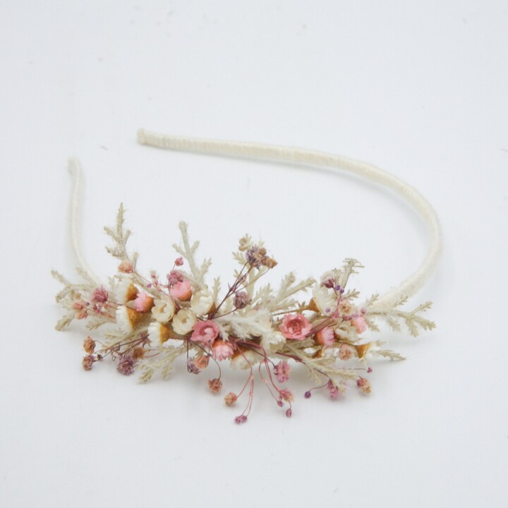 Pink and Ivory Dried Flower Headband with Babies Breath, boho wedding headpiece