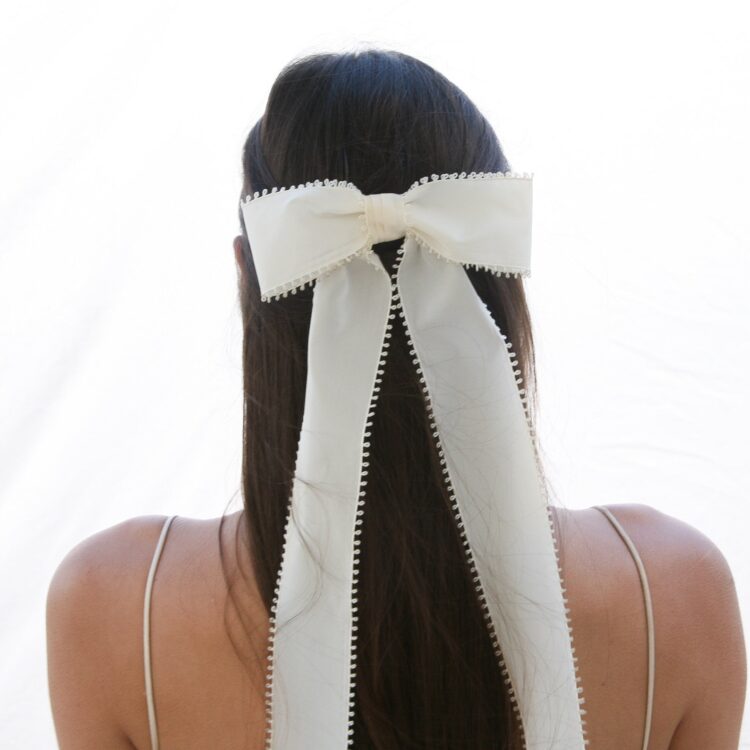 Ivory Vintage Ribbon Hair Bow with Long Tails, Wedding Hair Accessory - Image 3