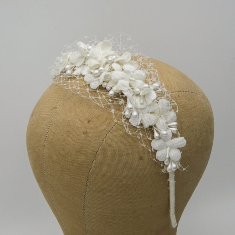 Net Bridal Headpiece with Ivory Vintage Flowers - Image 4