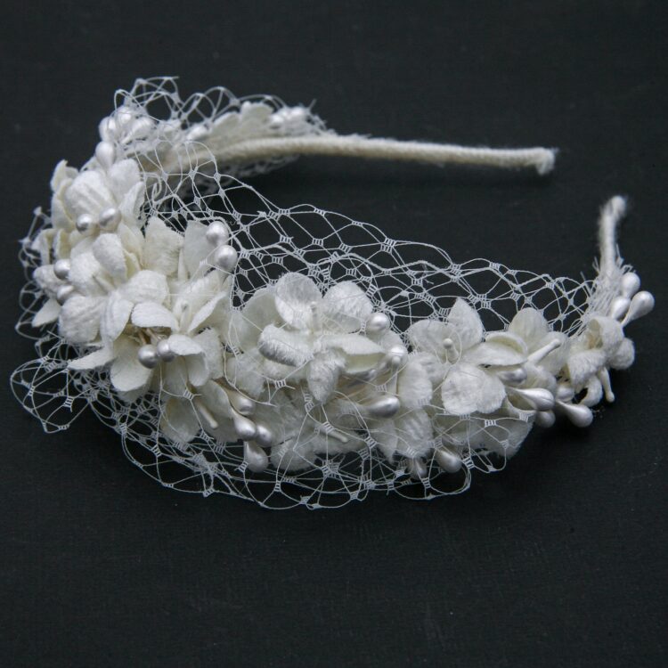 Net Bridal Headpiece with Ivory Vintage Flowers - Image 3