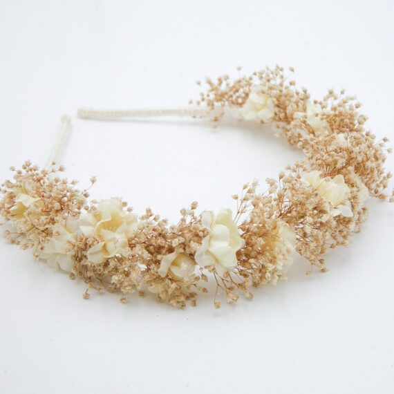Ivory Dried Babies Breath and Flower Wedding Headband , dark ivory bobbies breath with ivory flowers on a headband