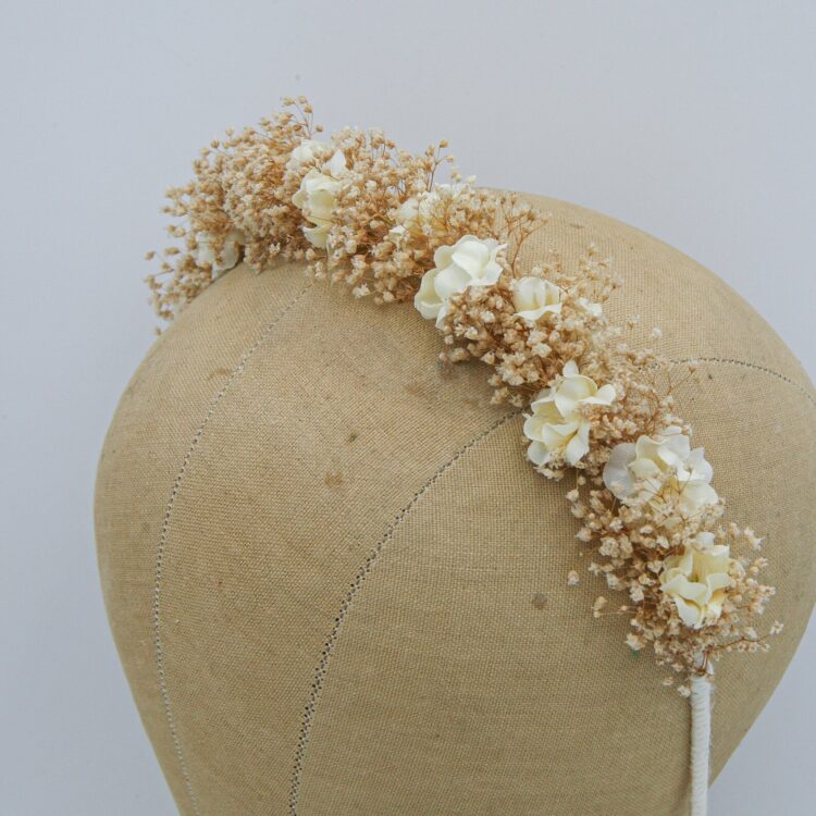 headband in ivory dried babies breath and silk flowers wedding headpeice