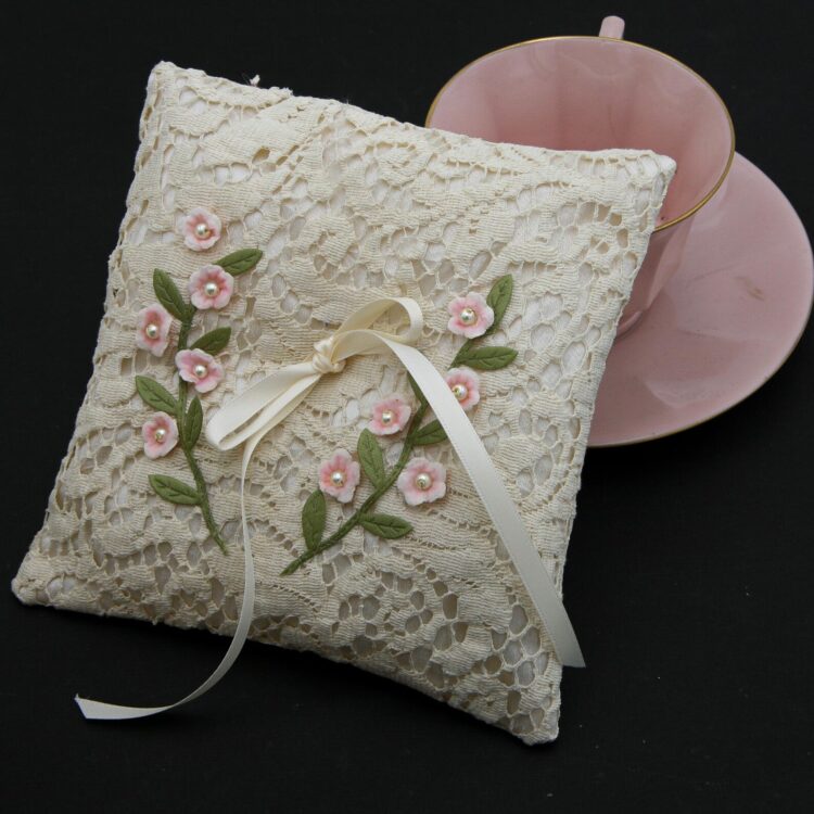 Ring Bearer Pillow of Vintage Lace and Pink Flowers