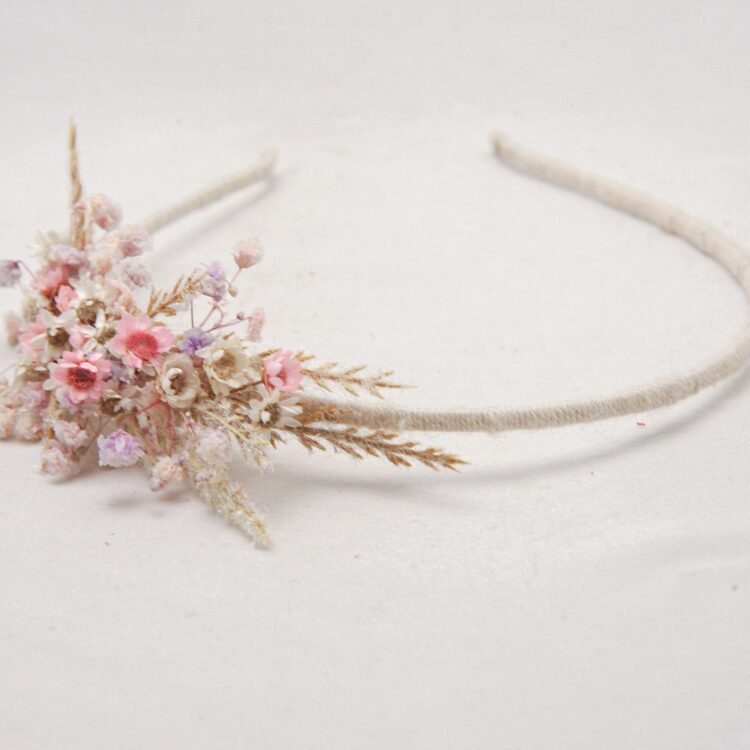 Pink and Ivory Dried Flower Headband with Babies Breath - Image 3