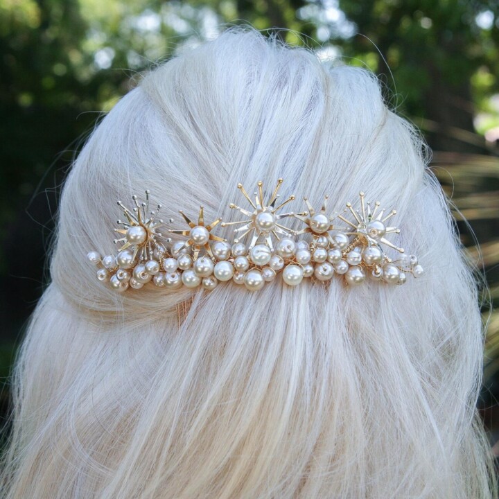 gold and silver celestial wedding hair comb with ivory pearls, weddings, bridal headpeice