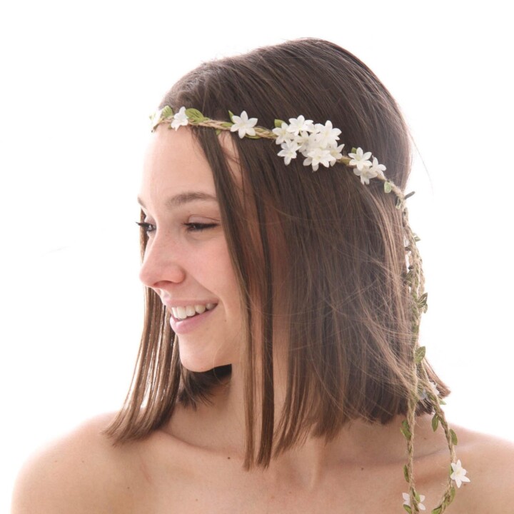Twine Flower Crown: Green Leaves & White Flowers, tie boho flower crown on twine with green leaves and white flowers