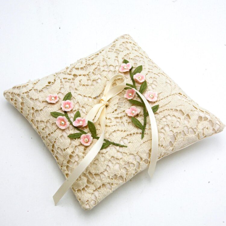 Ring Bearer Pillow of Vintage Lace and Pink Flowers - Image 3