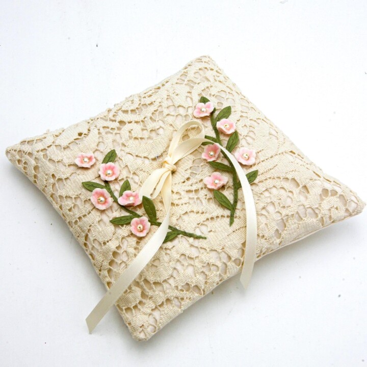 Ring Bearer Pillow of Vintage Lace and Pink Flowers, antique ivory lace and ribbon