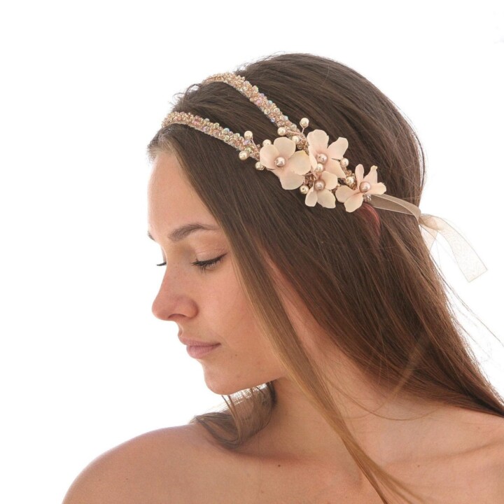 Blush Rose Gold Beaded Bridal Headpiece with Flowers and Pearls, tie headband, beaded headband in blush pink with crystals and flowers