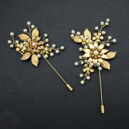 Gold Metal Flower Boutonniere gold metal boutonniere with metal leaves and flowers and wired pearls for the groom or groomsman